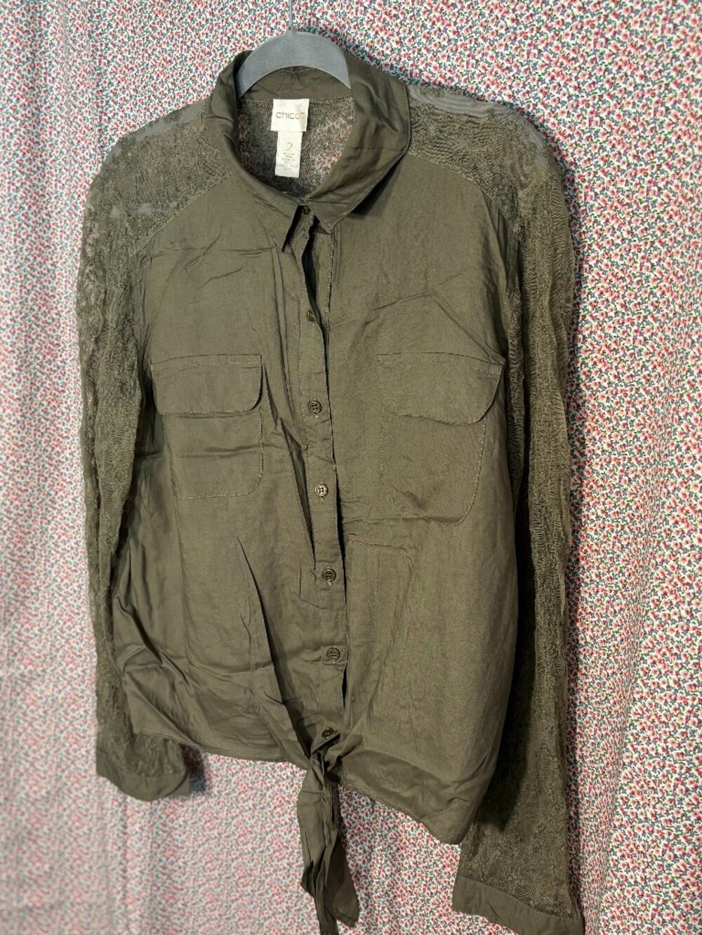 Chico's Olive Green button blouse with lace shoulders and long sleeves